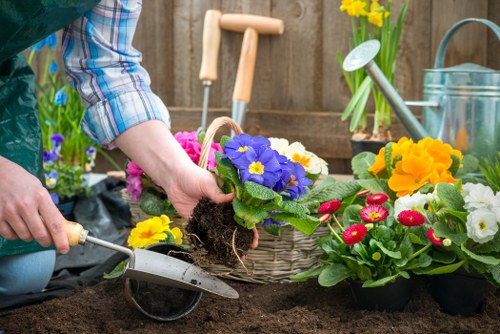 Close-up of gardening work with tools and freshly maintained borders